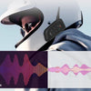 A person wearing a white helmet and hearing protection is shown with before and after sound wave visualizations.