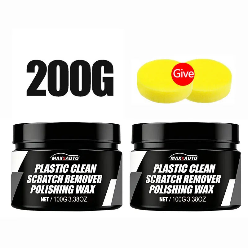 A jar of Plastic Clean Scratch Remover Polishing Wax and a yellow disc product.
