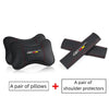 A pair of black PU leather car headrest pillows and shoulder protectors for seatbelts