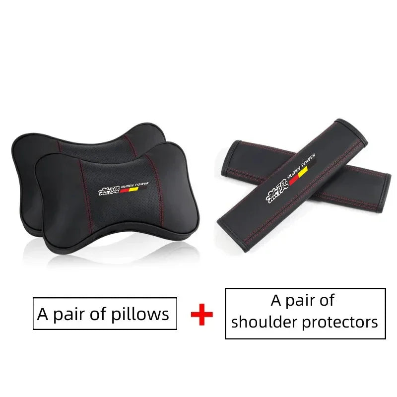 A pair of black PU leather car headrest pillows and shoulder protectors for seatbelts