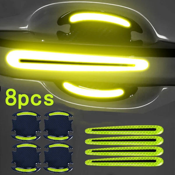 Eight reflective yellow and green stickers designed to protect car door handles.