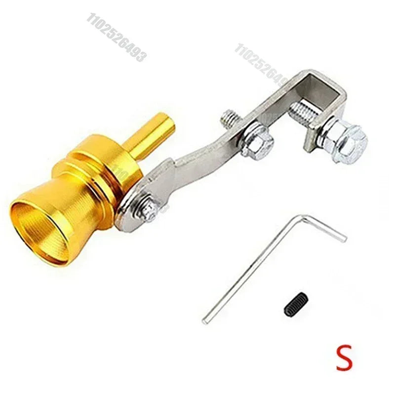 A metal turbo sound simulator whistle with a mounting bracket and a small screw shown against a white background.