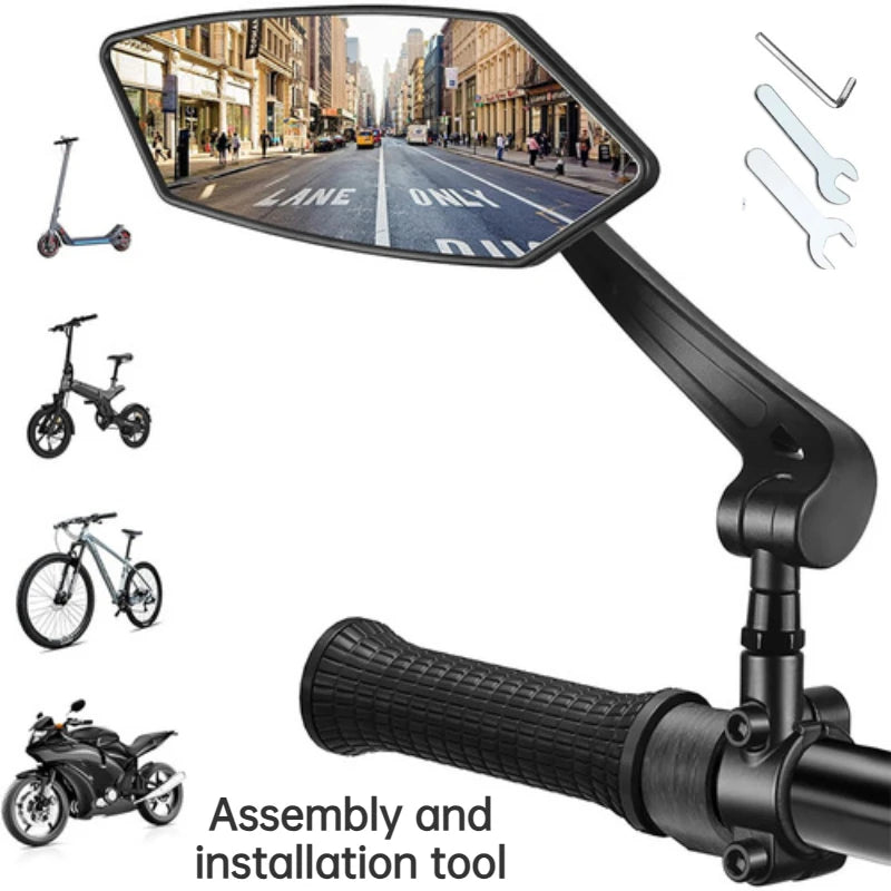 A black 360° adjustable motorcycle rearview mirror with a mounted display and installation tool.