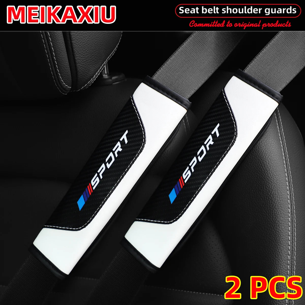 Two black and white PU leather carbon fiber seat belt shoulder guards for car seats