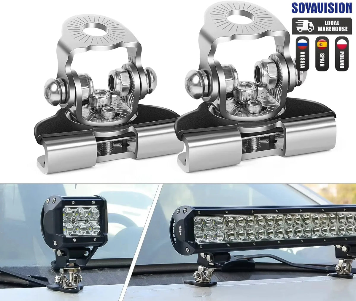 Un par de clips de montaje LED de acero inoxidable para capós de coche, junto a barras de luz LED instaladas.