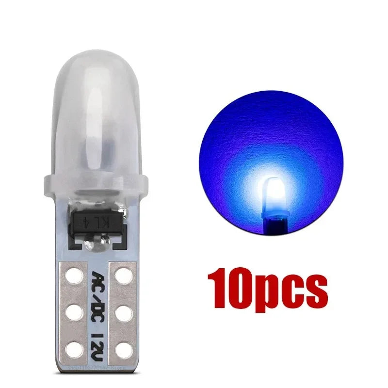 A set of 10 T5 LED dashboard and license plate bulbs, including the bulb and a light source demonstration.