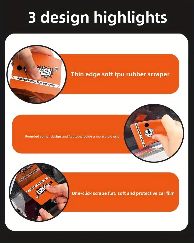 Three design highlights showing a thin edge soft tpu rubber scraper and a one-click scrape flat car film tool.