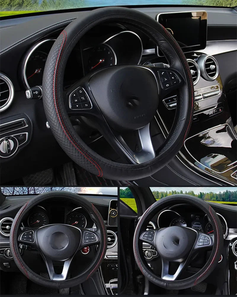 Close-up view of a black leather steering wheel with red stitching and silver accents in a car interior.