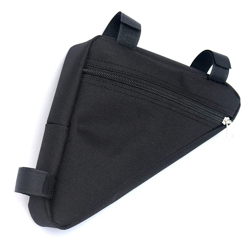 Black convertible waterproof bike frame bag with a zipper and strap for cycling