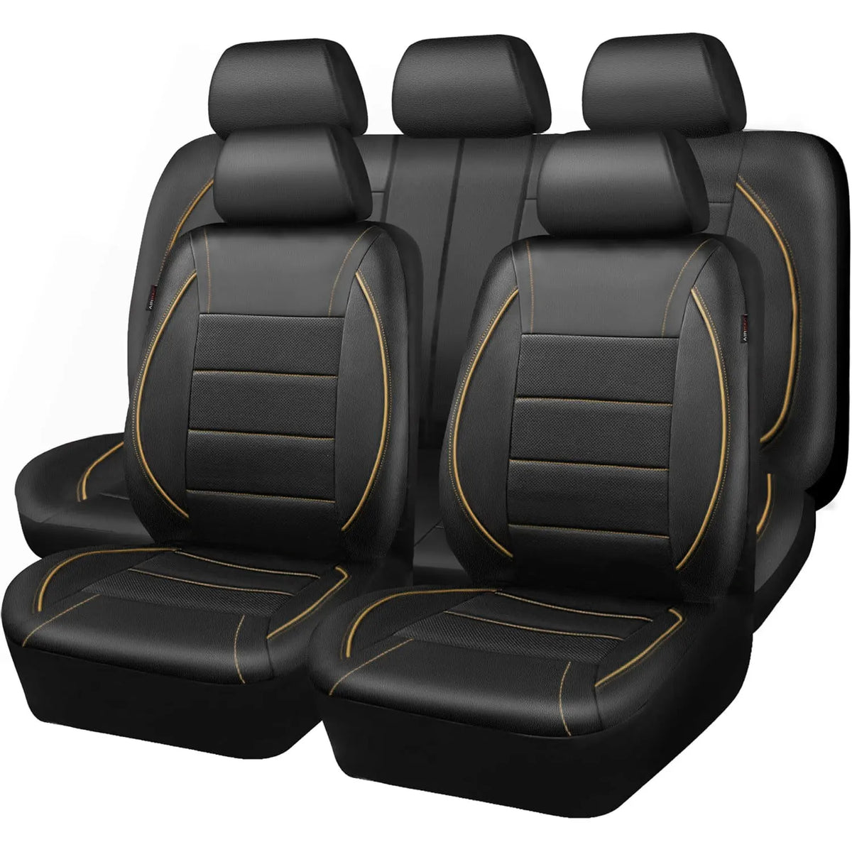 Three black leather car seat covers shown side by side.