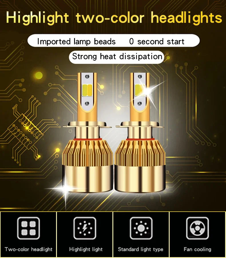 Two pairs of gold-colored LED headlight bulbs with heat dissipation features shown against a circuit board background.