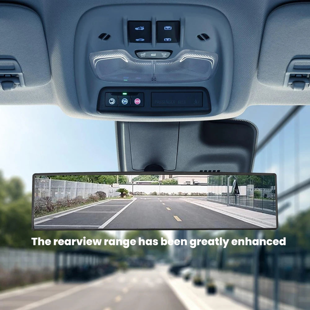 Interior view of a car with an enhanced wide angle convex rearview mirror showing the exterior road.