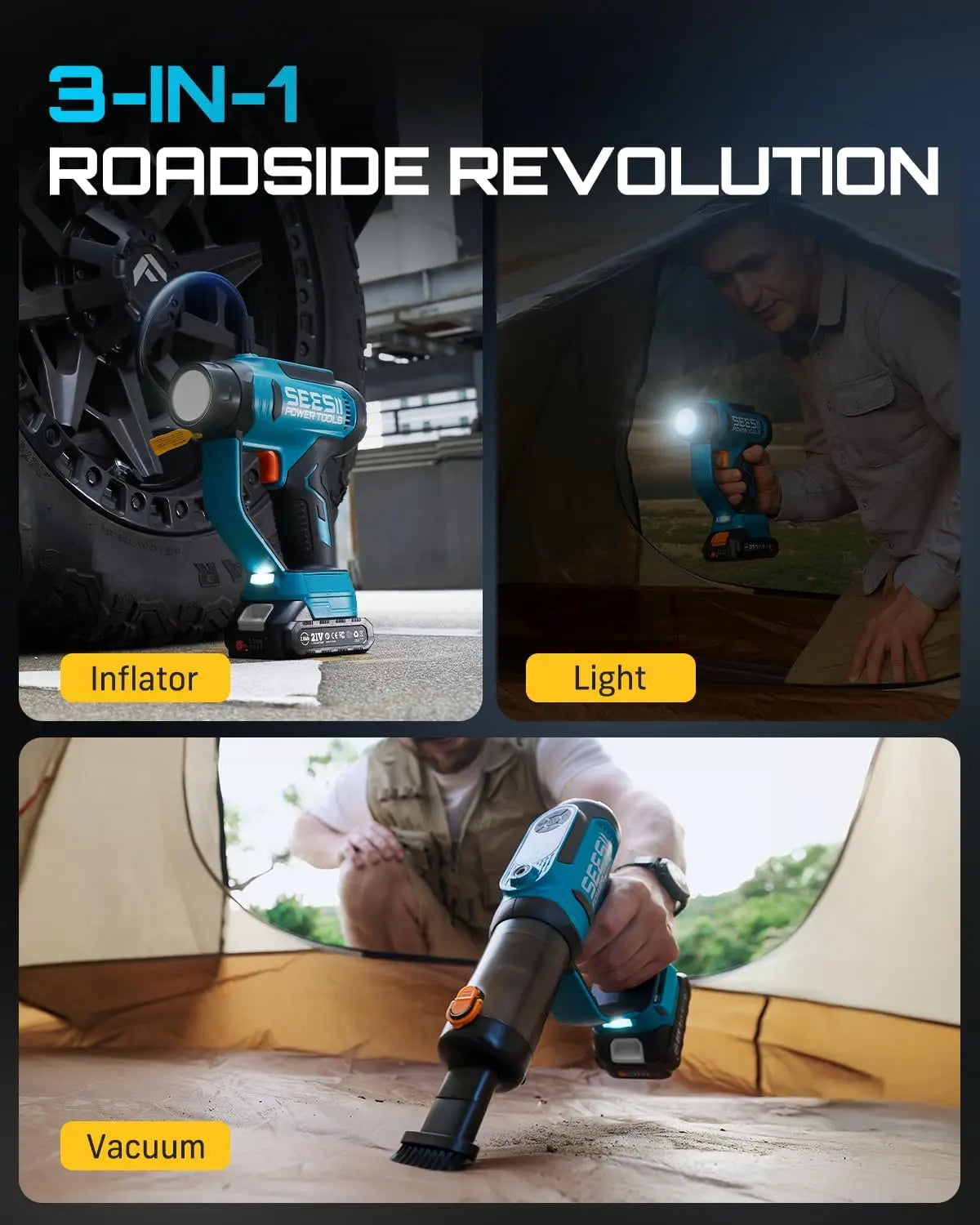 A 3-in-1 device shown in three uses: inflating a tire, illuminating an area, and vacuuming a surface.