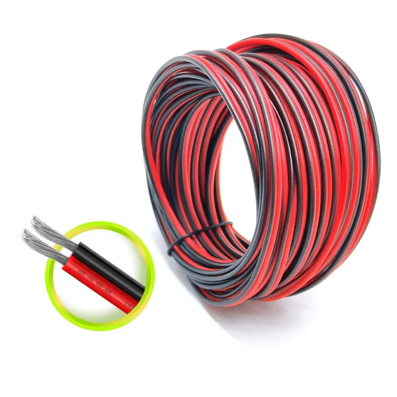 A coil of high flexibility LED power cord in red and black wires.