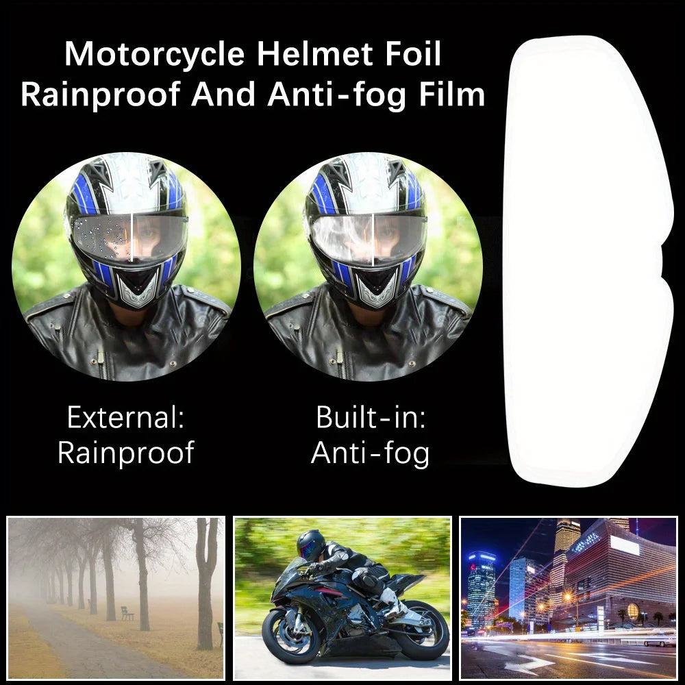Película de casco de motocicleta mostrando características externas a prueba de agua y antiempañante integrado.