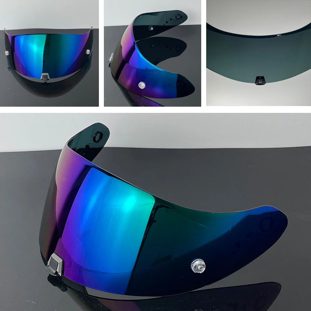 A motorcycle helmet visor lens in iridescent blue and green colors shown from multiple angles.