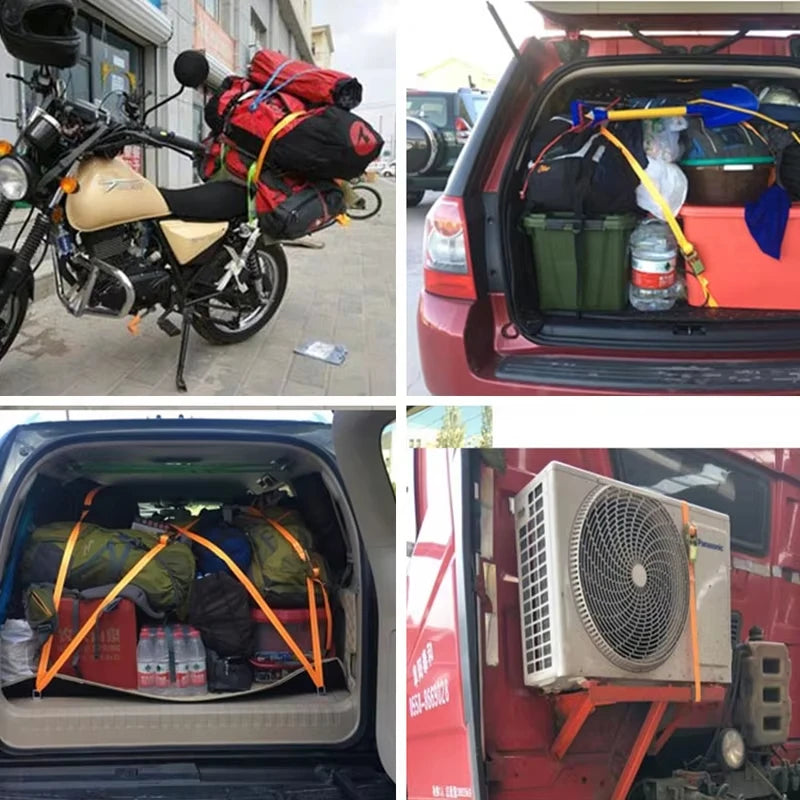 Red truck interior showing heavy-duty cam buckle tie-down straps and various cargo items.