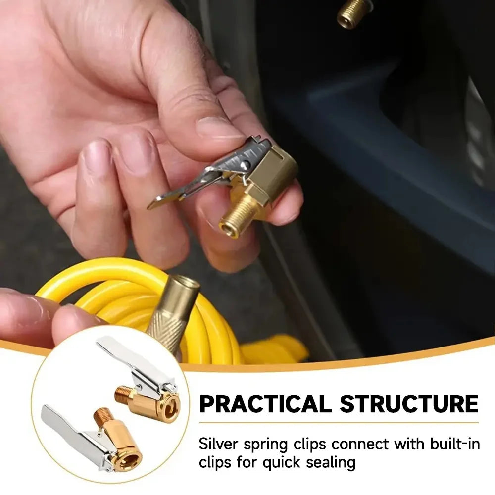 Silver spring clips connect with built-in clips for quick sealing on a tire inflator valve.