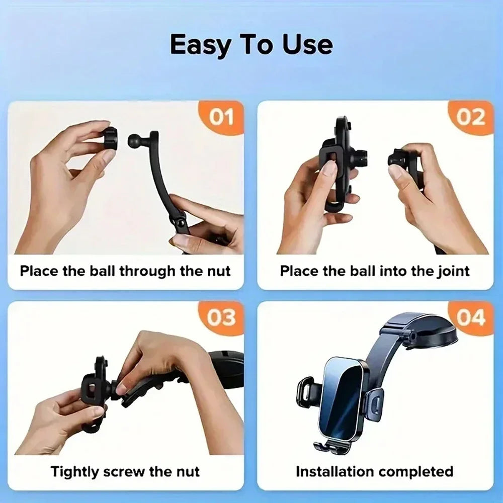 Step-by-step guide showing how to install a 360° rotatable car phone mount with an extension rod