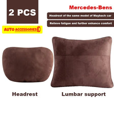 Deux coussins de tête et de nuque marron pour Mercedes-Benz ou Maybach, offrant soulagement de la fatigue et du confort.