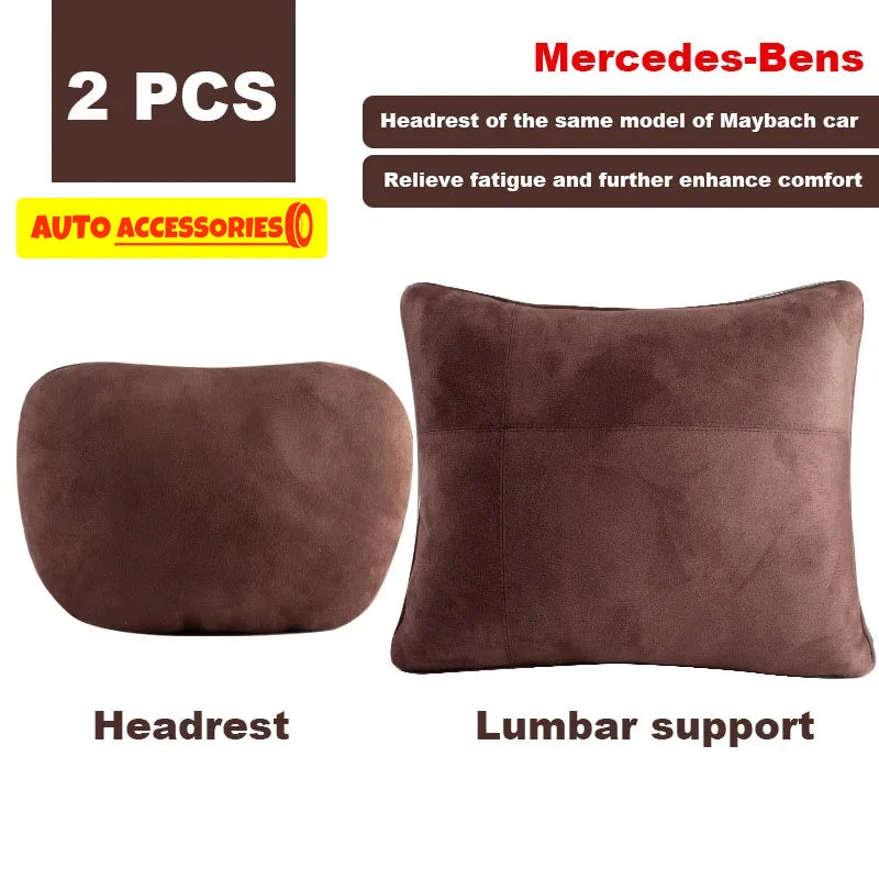 Deux coussins de tête et de nuque marron pour Mercedes-Benz ou Maybach, offrant soulagement de la fatigue et du confort.