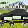 Installation steps showing how to fit an all-weather windproof car cover onto a vehicle.