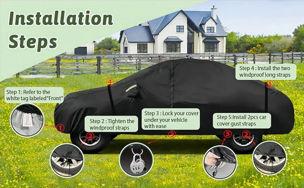 Installation steps showing how to fit an all-weather windproof car cover onto a vehicle.