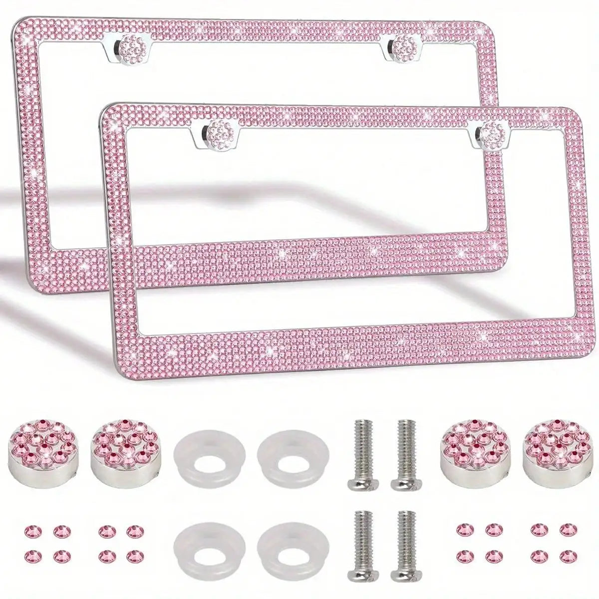 A set of pink rhinestone license plate frames and various clear plastic rings and screws.