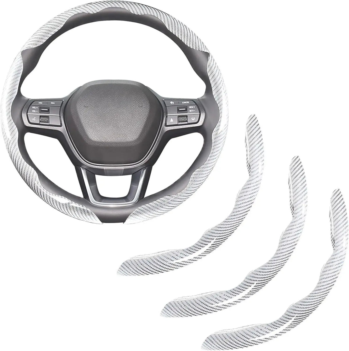A carbon fiber steering wheel cover with a leather grip and buttons.