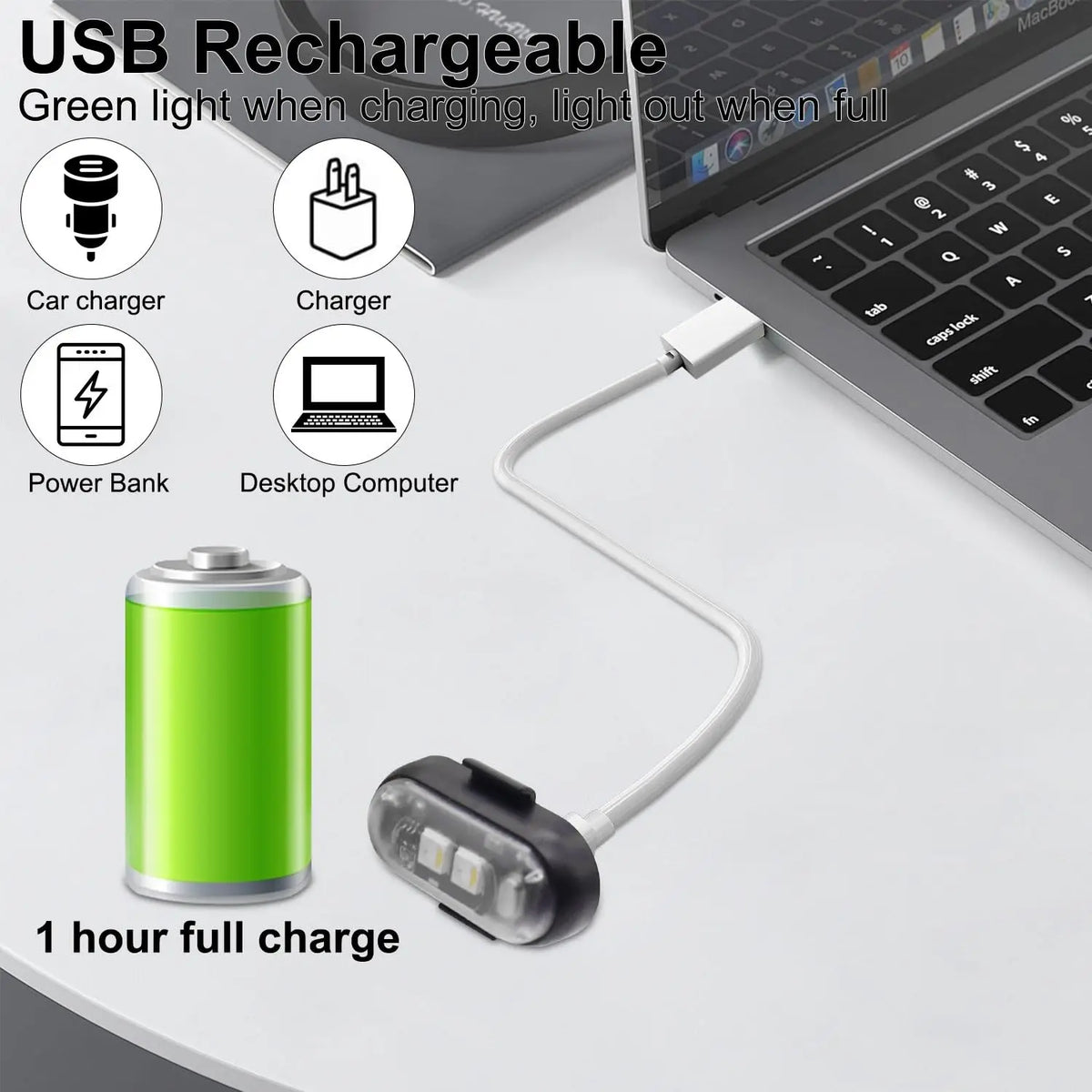 USB-rechargeable LED-Stroboskoplicht neben verschiedenen Geräten wie einem Auto-Ladegerät, einer Powerbank und einem Laptop