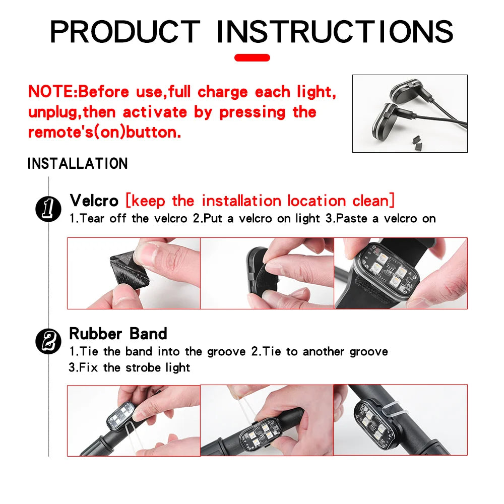 Instructions for installing multi-color car ambient interior lights, showing steps for Velcro and rubber band attachment.