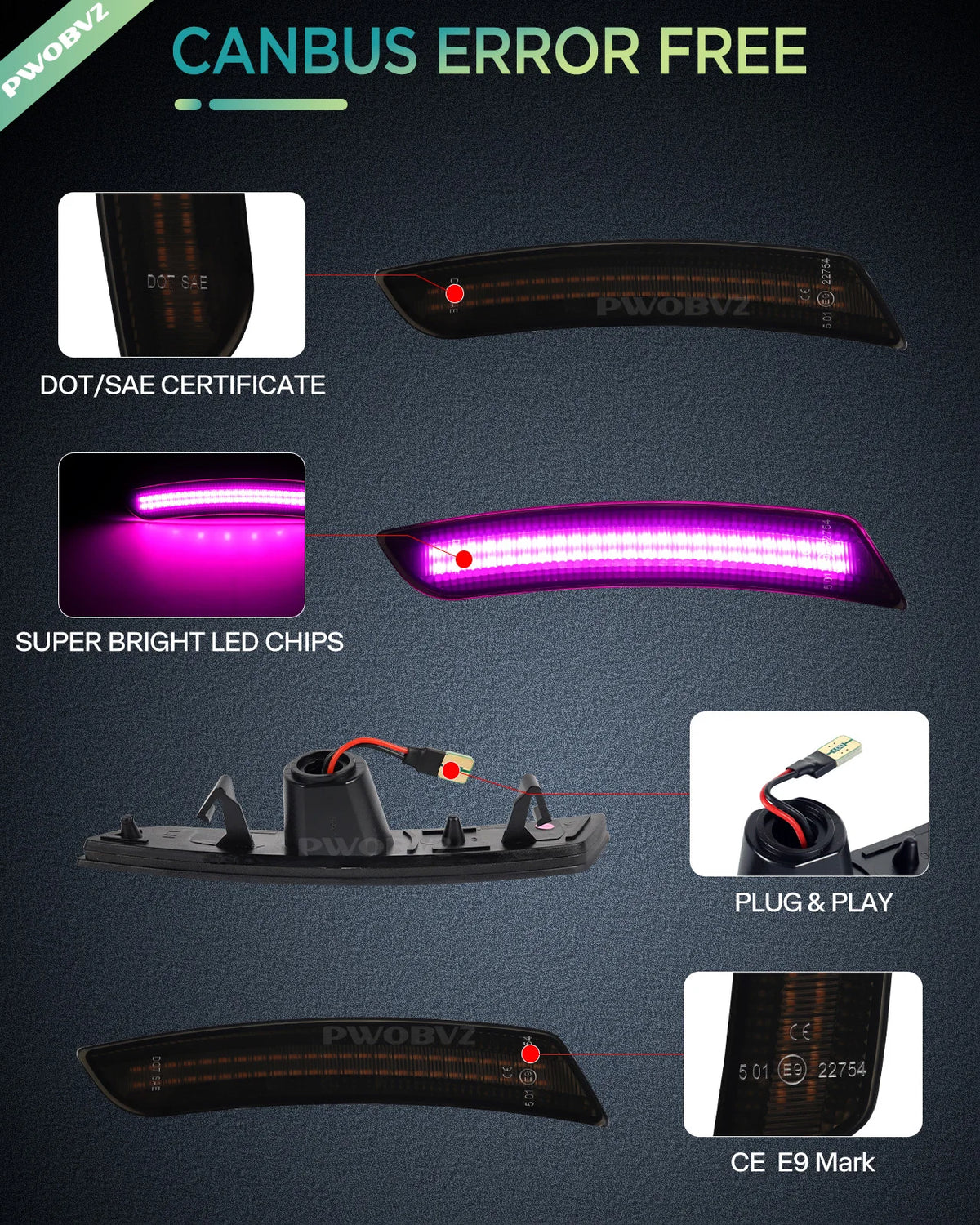 LED turn signal lights featuring DOT/SAE certificate and CE E9 mark for Camaro and Cadillac