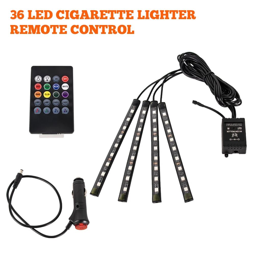 A remote control for a 36 LED cigarette lighter remote control with multiple color options and wiring.