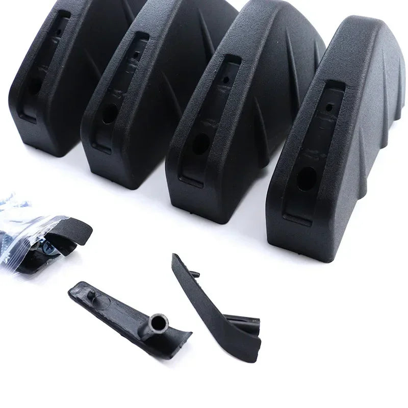 Black ABS plastic universal rear bumper spoiler lip kit components including mounting brackets