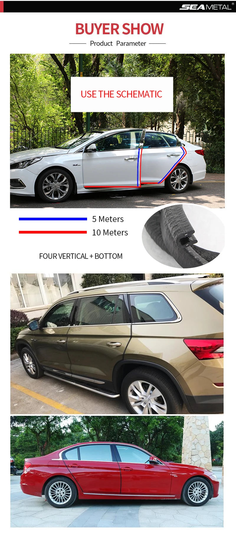 Diagram showing the placement of a universal car door edge scratch protector on various vehicle models.
