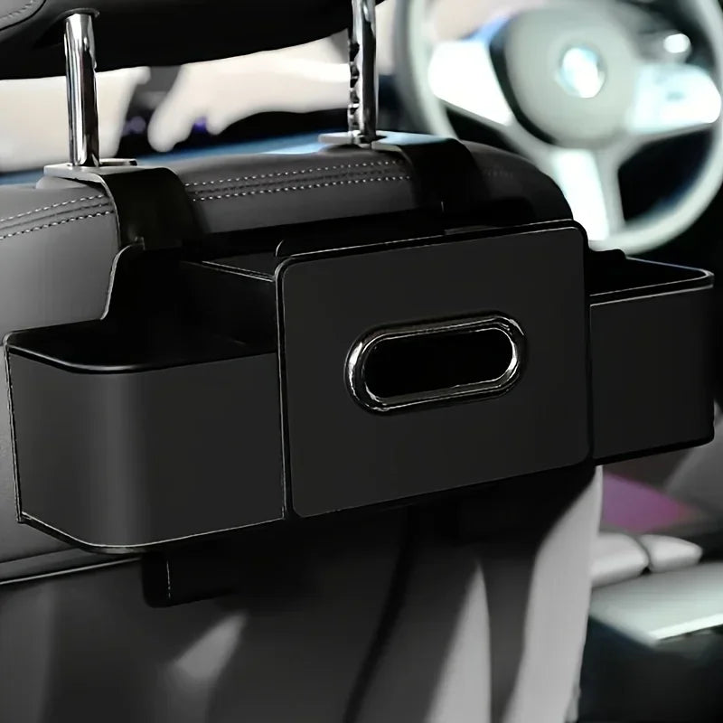 A black multifunctional car back seat organizer with a cup holder mounted on the seat.