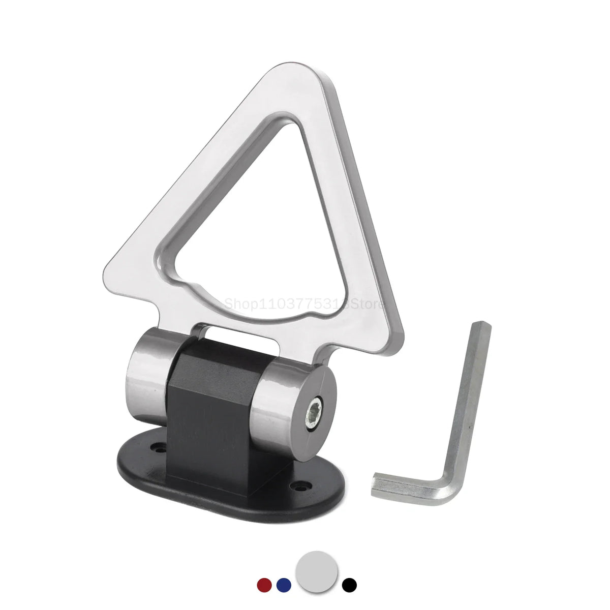 Silver decorative racing tow hook sticker with a mounting plate and a metal hook.