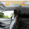 Before and after comparison showing a car window mesh sun shade protecting against UV rays and mosquitoes.