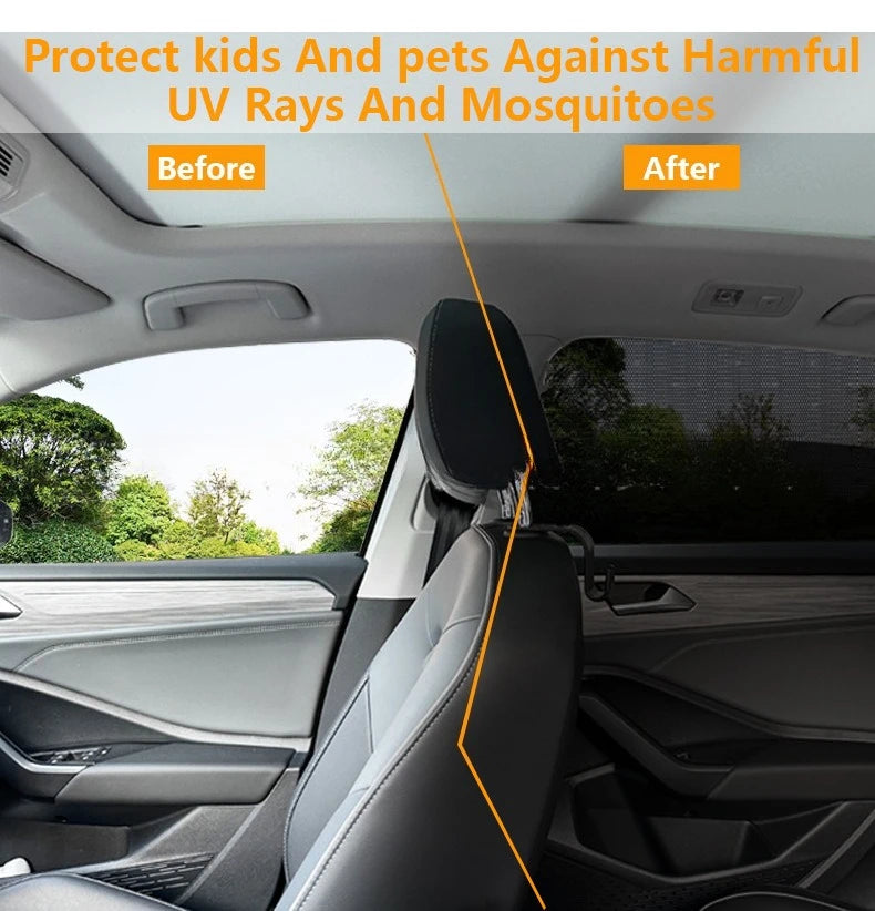 Before and after comparison showing a car window mesh sun shade protecting against UV rays and mosquitoes.