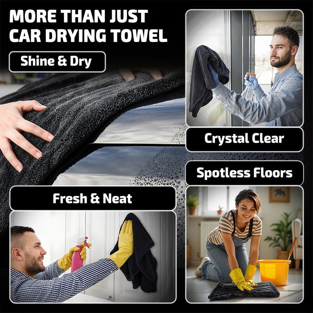 A set of black microfiber cleaning cloths being used for shining and drying, with images showing crystal clear results and sp