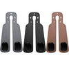Three car headrest hooks in black, gray, and brown leather for storage organization.