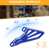 Blue anodized aluminum front sprocket cover for dirt bikes, showing anti-rust and anti-corrosion features.