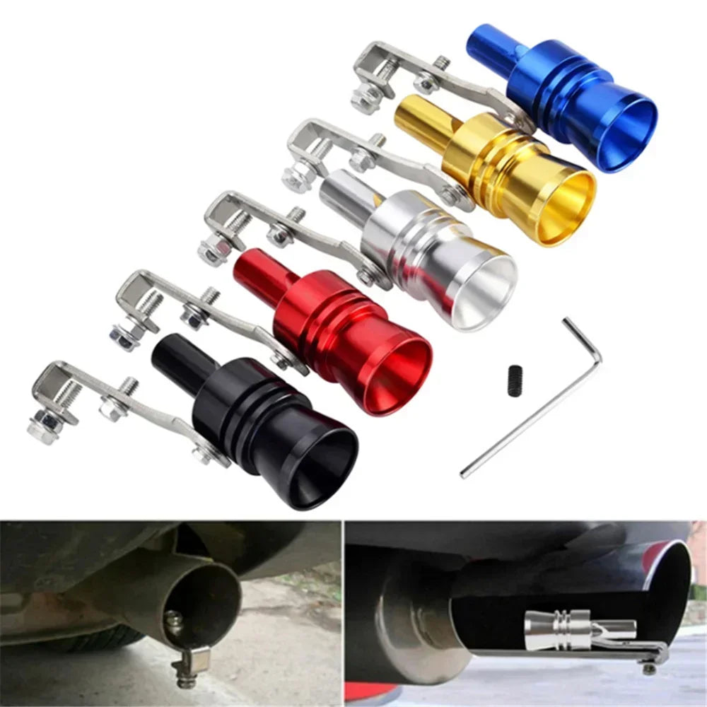 A collection of turbo sound simulator whistles and adapters for car exhaust systems.