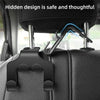 A black car seat with a hidden design feature showing a metal hook mechanism for phone storage.