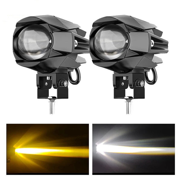 A pair of black high-intensity LED auxiliary spotlights for motorcycles or vehicles, showing bright beams.