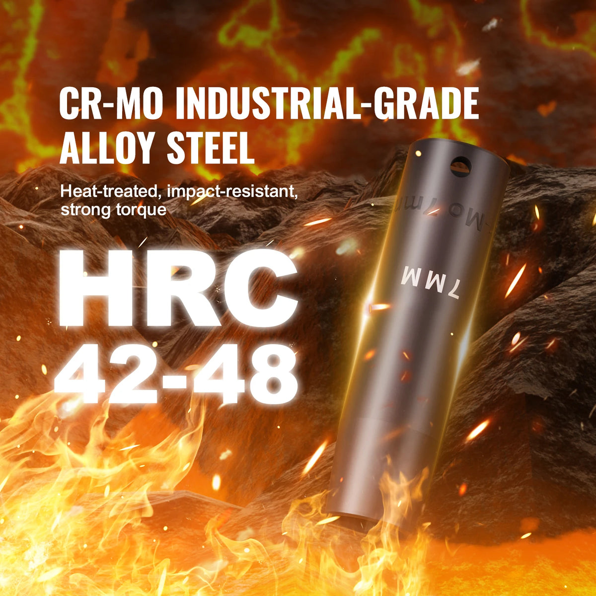 Industrial-grade CR-Mo alloy steel tool with HRC 42-48 hardness, shown against a fiery background.