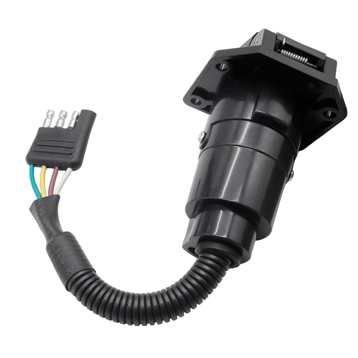 Black trailer adapter featuring a flat to seven-way round connector and a mounting bracket.
