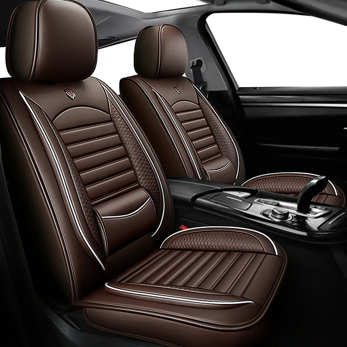 Brown leather car seat covers installed in a vehicle interior, showing front and rear seats.