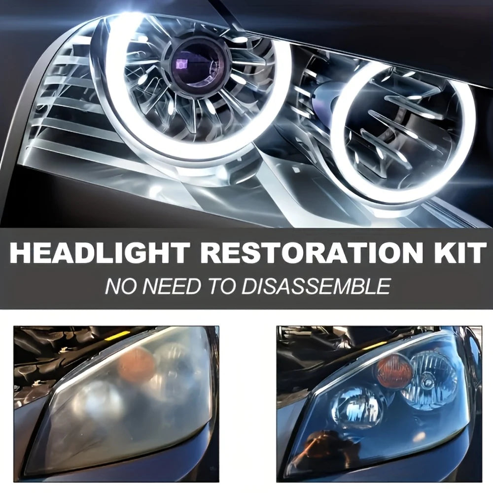 A close-up of a car headlight restoration kit showing a restored clear lens and bright LED light.