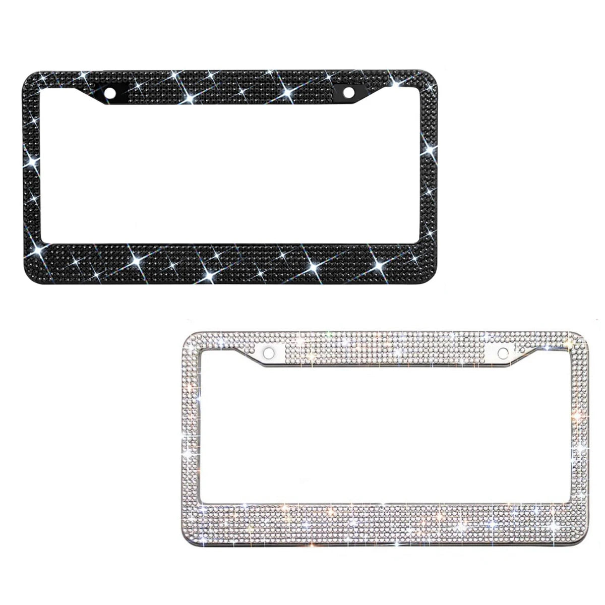 A pair of rectangular license plate frames, one black with silver rhinestones and one clear with sparkling diamond-like stone
